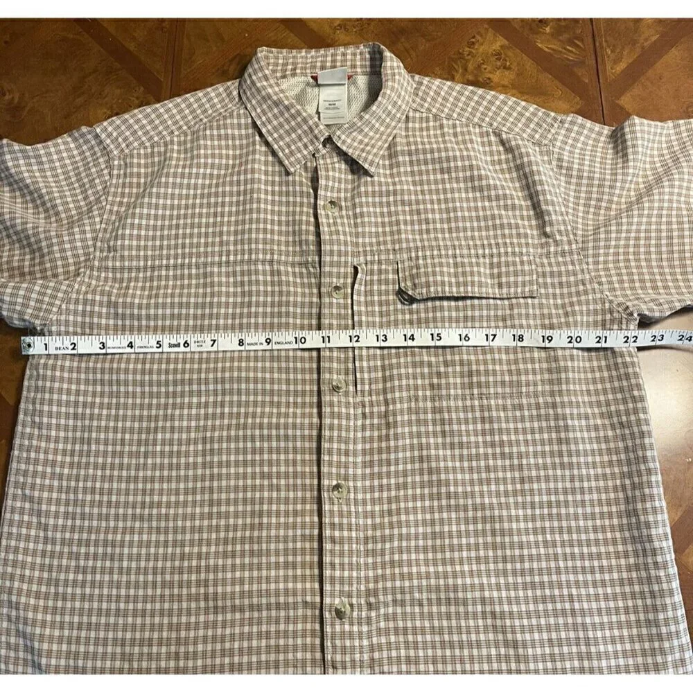 The North Face Short Sleeve Beige Plaid Shirt Hook & Loop Zip Pockets Men's Sz M